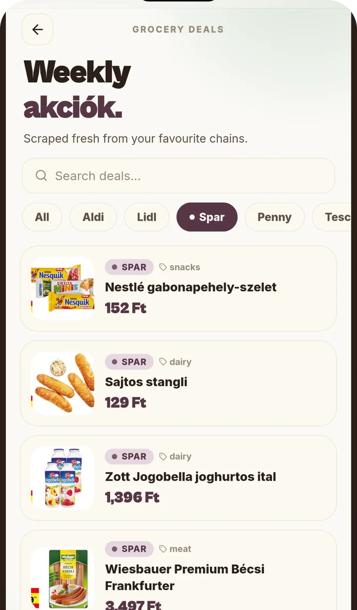 Weekly grocery akciók in the StudentHub app, filtered by chain