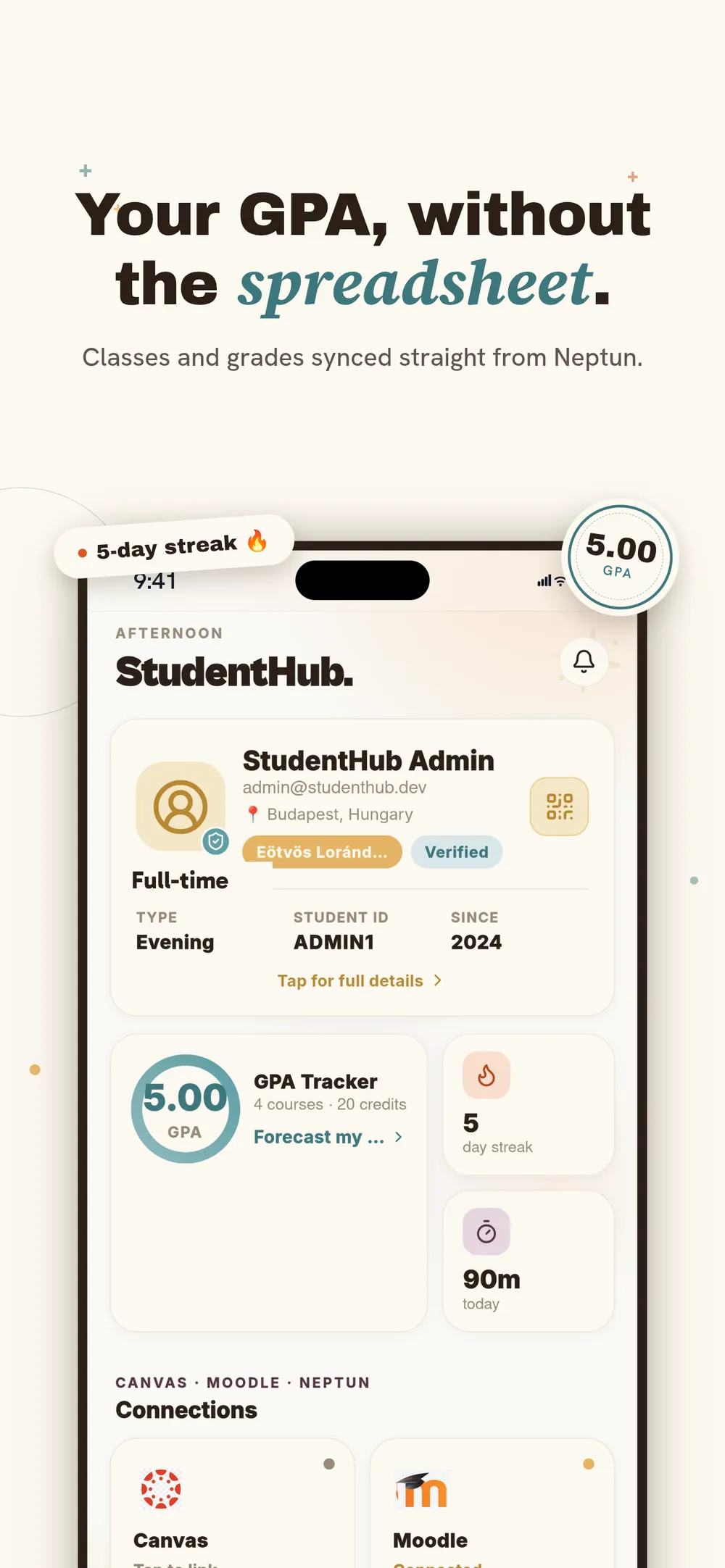 StudentHub profile showing the GPA tracker, study streak and the linked Neptun, Canvas and Moodle accounts