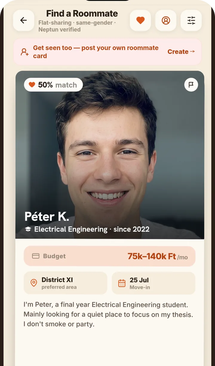 Roommate card in the StudentHub app with match score, budget and preferred district