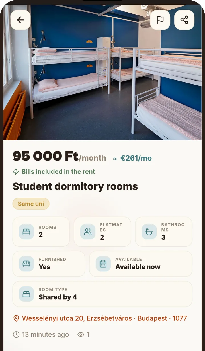 Room listing in the StudentHub app: 95,000 Ft a month with bills included
